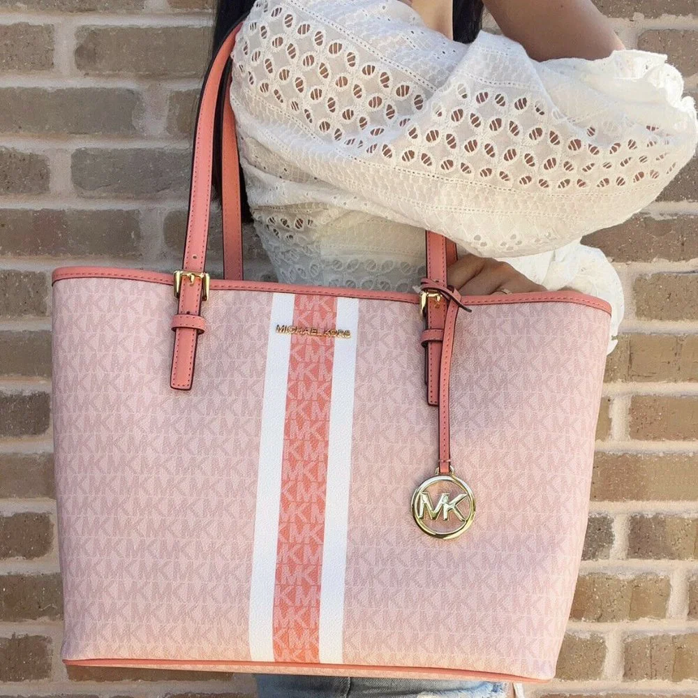 Michael Kors Jet Set Travel Medium Carryall Tote Sherbert Multi Pink Stripe MK - Picture 1 of 4